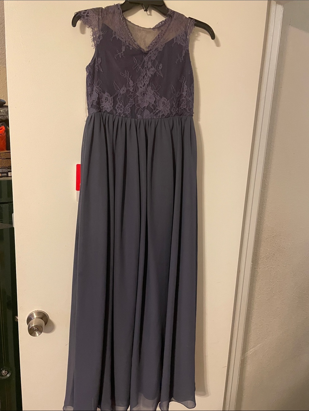 JJs House Purple Lace Bodice Chiffon Maxi Dress